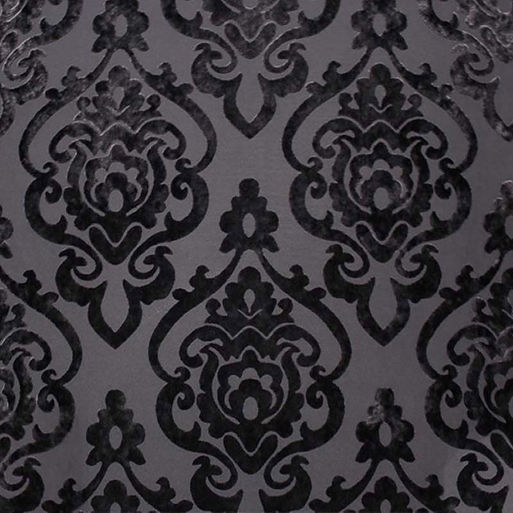 Evans Fabric in color Charcoal is a Damask Velvet Fabric pattern good for Drapery & Curtain Fabric and Upholstery Fabric