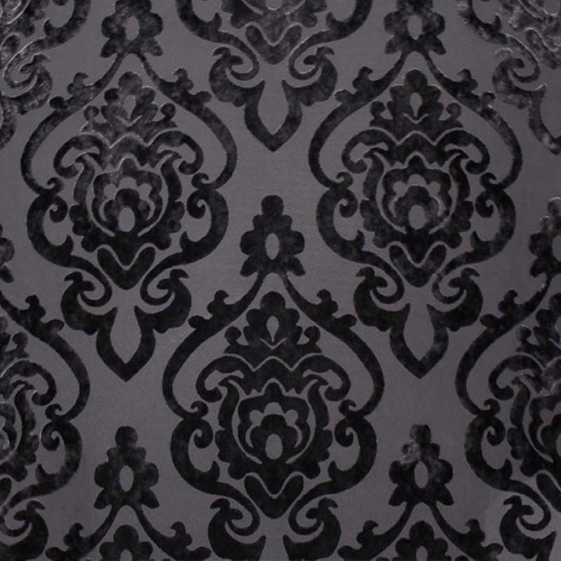 Evans Fabric in color Charcoal is a Damask Velvet Fabric pattern good for Drapery & Curtain Fabric and Upholstery Fabric