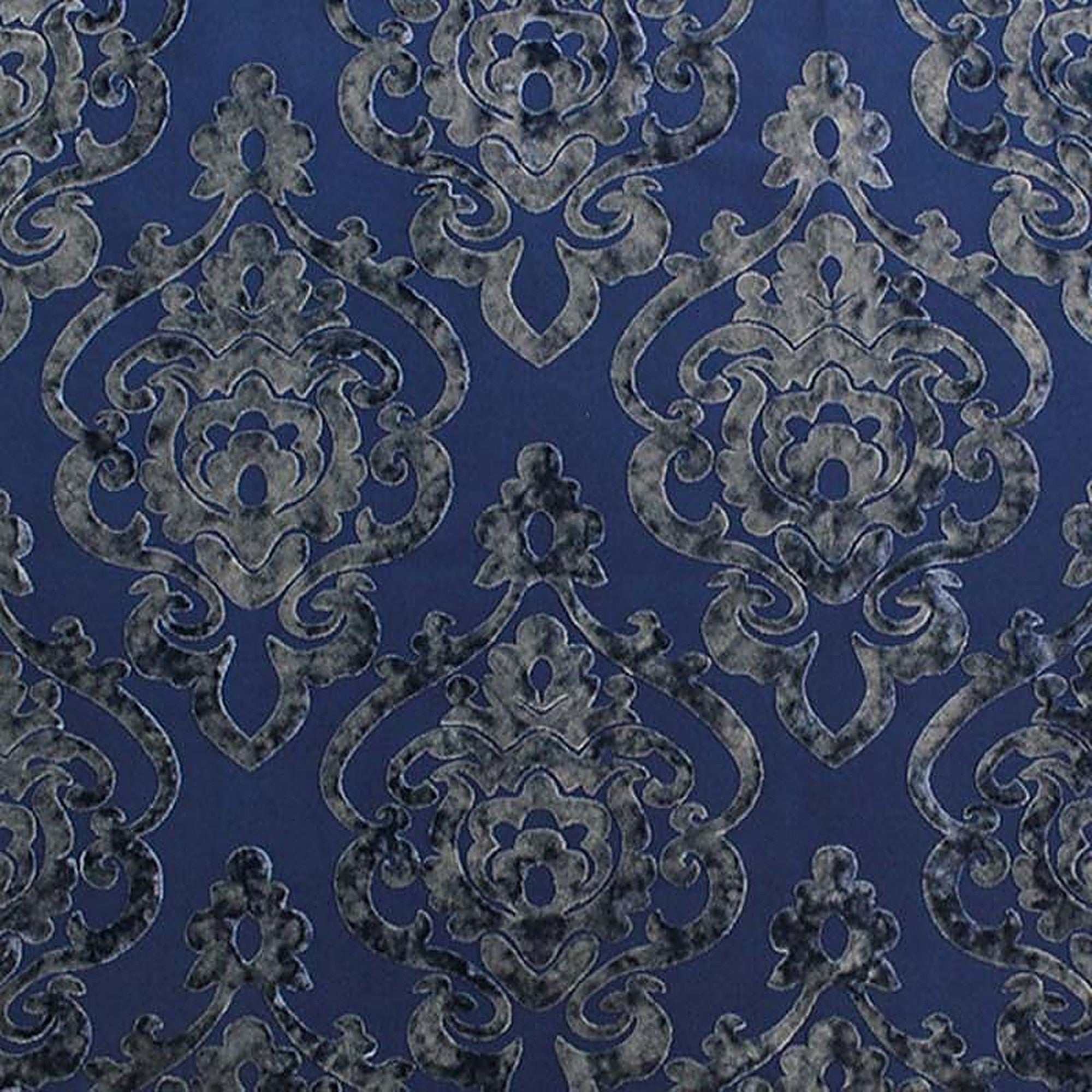 Evans Fabric in color Sapphire is a Damask Velvet Fabric pattern good for Drapery & Curtain Fabric and Upholstery Fabric