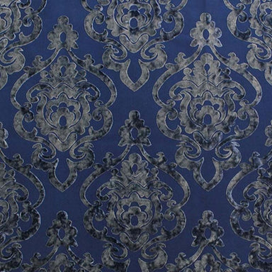 Evans Fabric in color Sapphire is a Damask Velvet Fabric pattern good for Drapery & Curtain Fabric and Upholstery Fabric