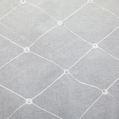 Gallery Fabric in color White is an Embroidered Diamond Rhinestone Sheer Fabric that is good for Drapery & Curtain Fabric