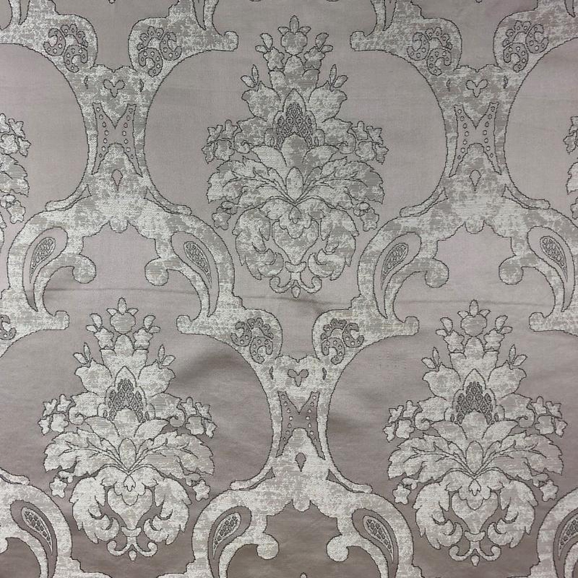 Katherine fabric in color Mocha showcasing fabric textured damask faux silk drapery & curtain fabric & table linen fabric.