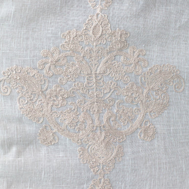 Kendall Fabric in color Beige is a Damask Embroidered Sheer Fabric that is good for Drapery & Curtain Fabric