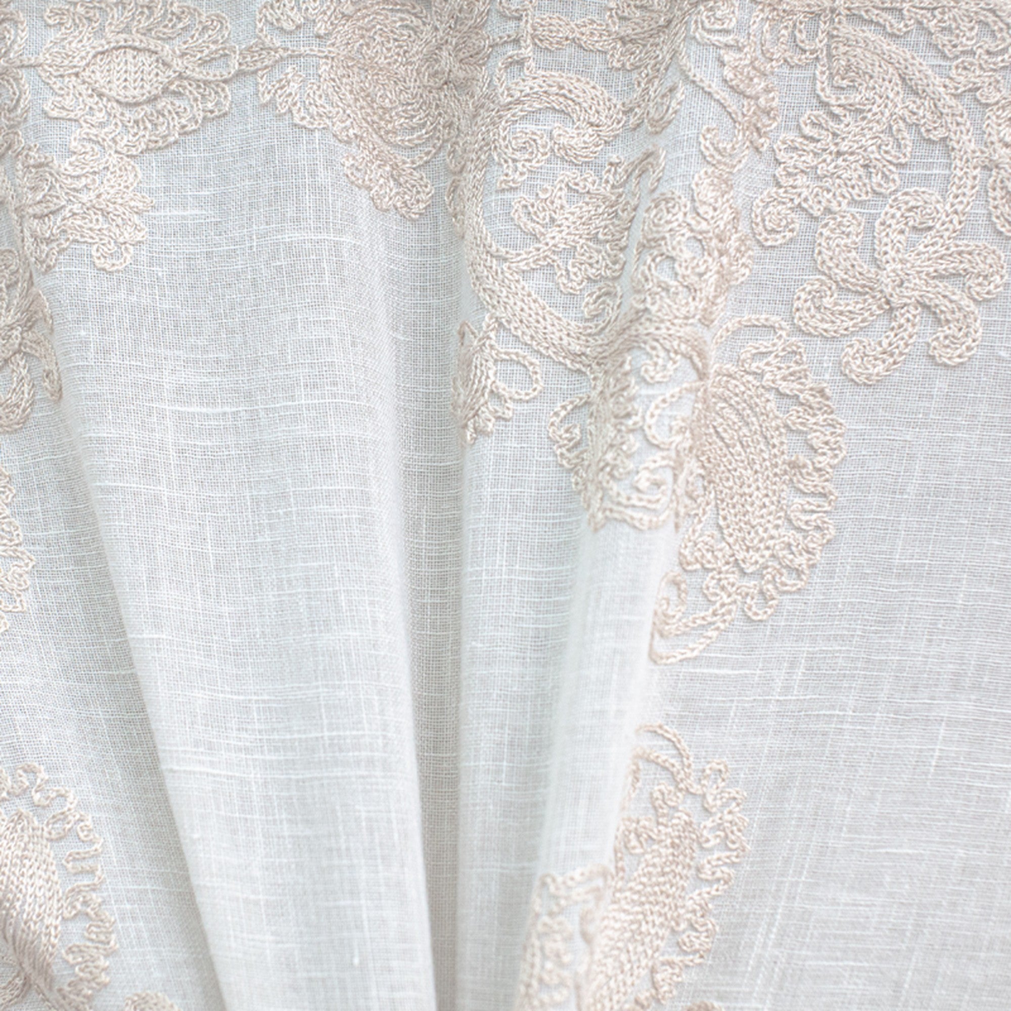 Kendall Fabric in color Beige is a Damask Embroidered Sheer Fabric pattern good for Drapery & Curtain Fabric