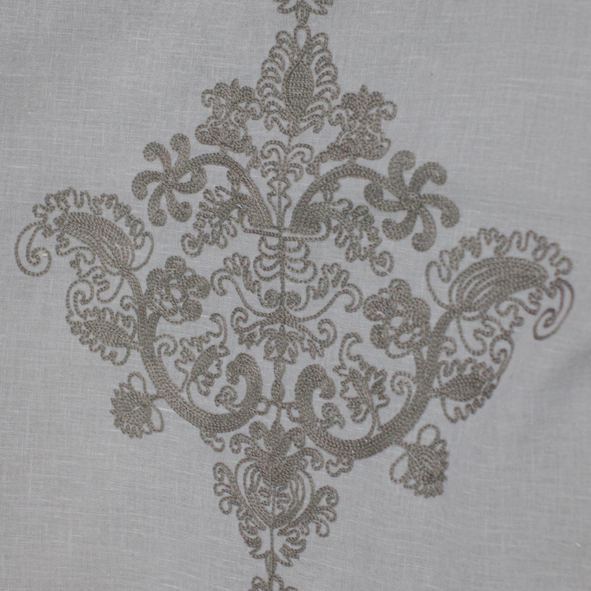 Kendall Fabric in color Gray is a Damask Embroidered Sheer Fabric pattern good for Drapery & Curtain Fabric