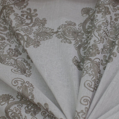 Kendall Fabric in color Gray is a Damask Embroidered Sheer Fabric pattern good for Drapery & Curtain Fabric