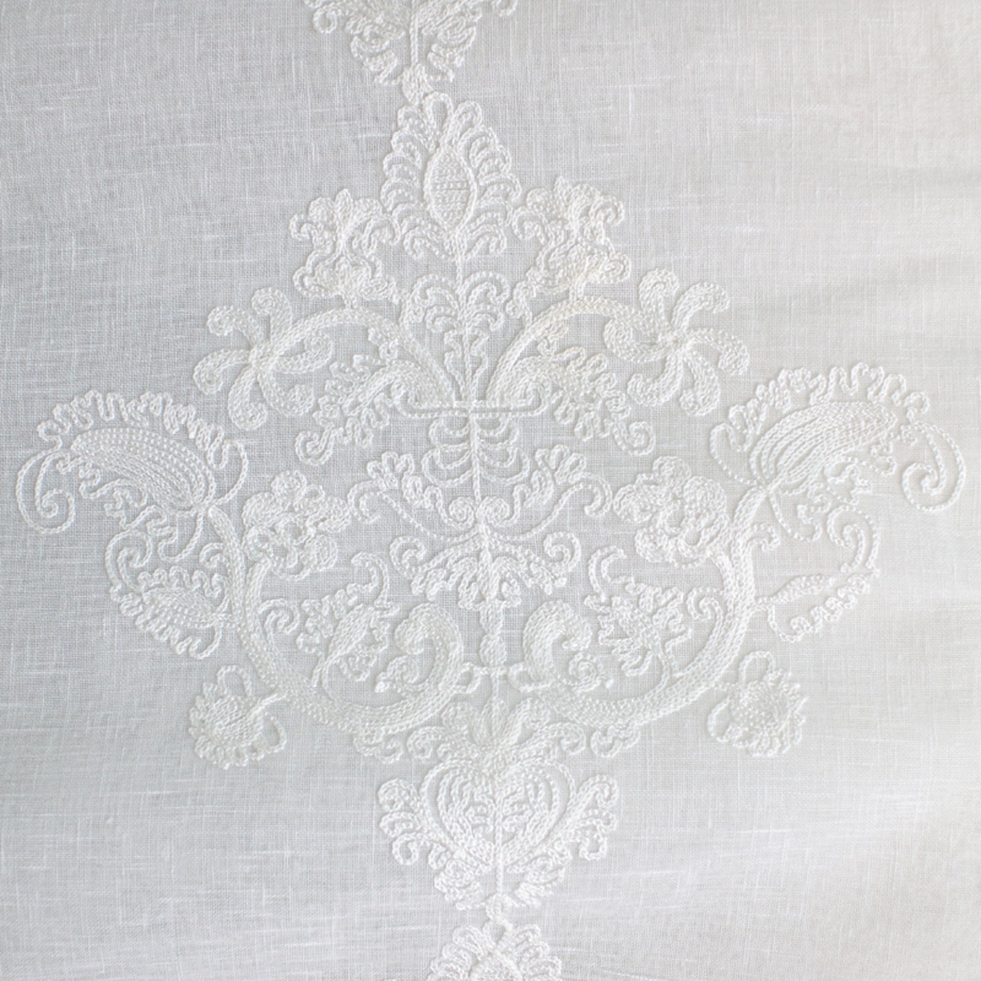Kendall Fabric in color Ivory is a Damask Embroidered Sheer Fabric pattern good for Drapery & Curtain Fabric