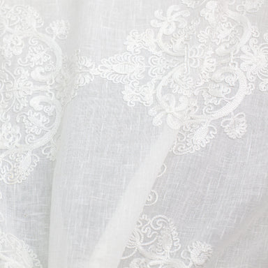 Kendall Fabric in color Ivory is a Damask Embroidered Sheer Fabric pattern good for Drapery & Curtain Fabric