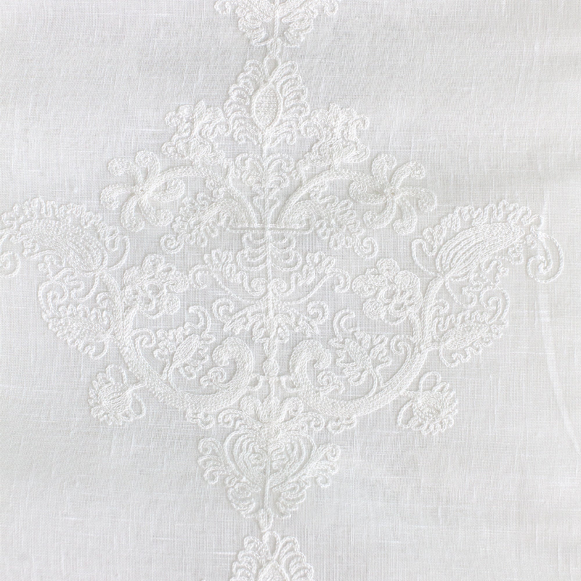 Kendall Fabric in color White is a Damask Embroidered Sheer Fabric pattern good for Drapery & Curtain Fabric