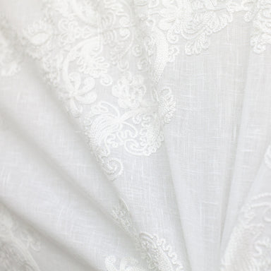 Kendall Fabric in color White is a Damask Embroidered Sheer Fabric pattern good for Drapery & Curtain Fabric