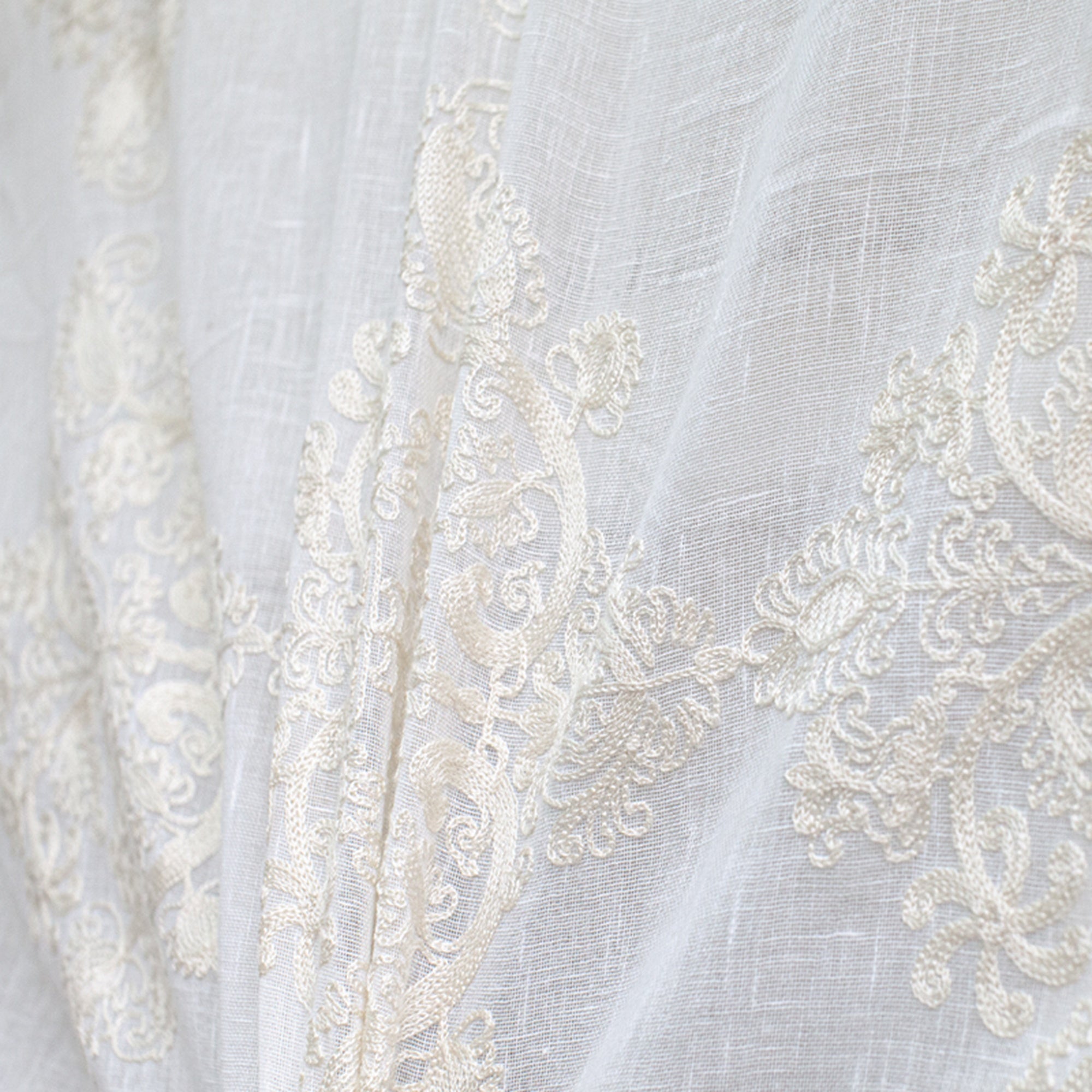 Kendall Fabric in color Cream is a Damask Embroidered Sheer Fabric pattern good for Drapery & Curtain Fabric