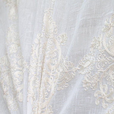Kendall Fabric in color Cream is a Damask Embroidered Sheer Fabric pattern good for Drapery & Curtain Fabric
