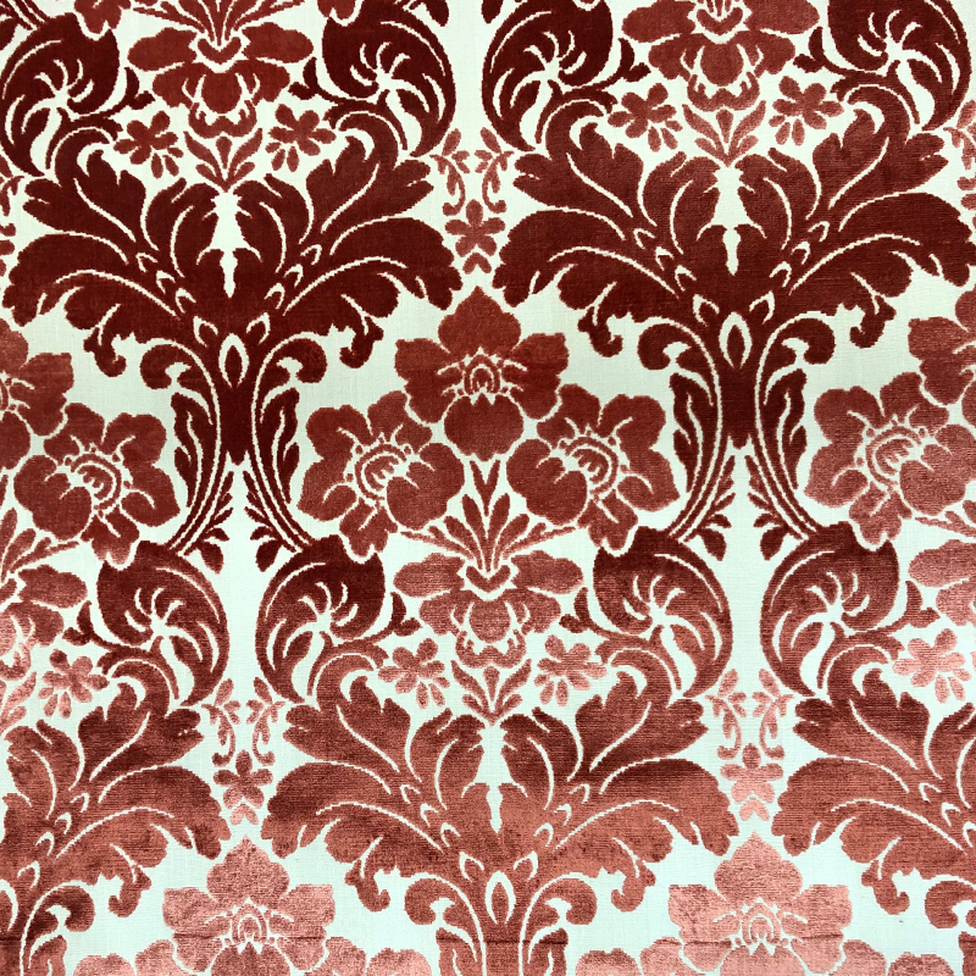 Marsel fabric in color Coral showcasing fabric damask floral cut velvet upholstery fabric.