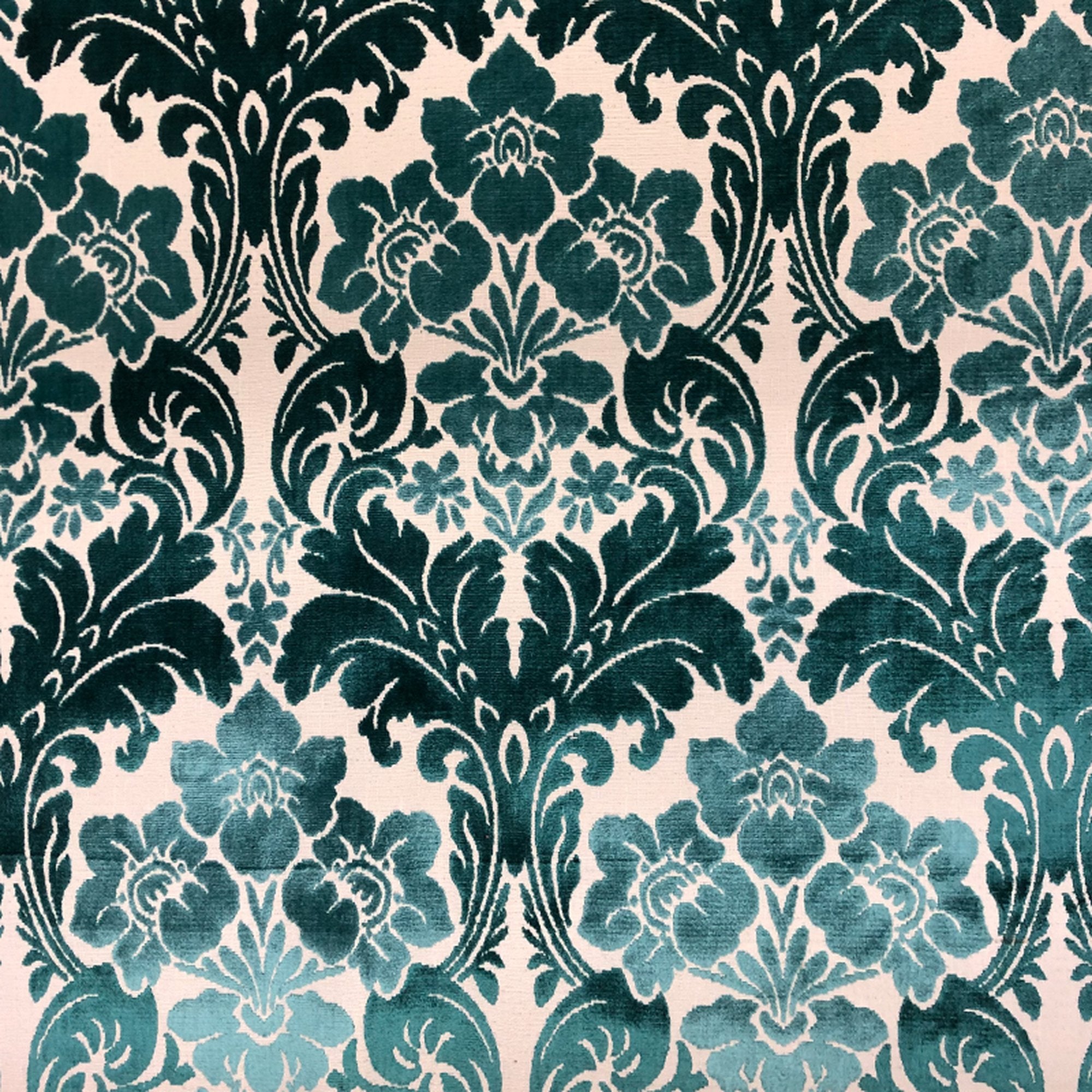 Marsel fabric in color Turquoise showcasing fabric damask floral cut velvet upholstery fabric.
