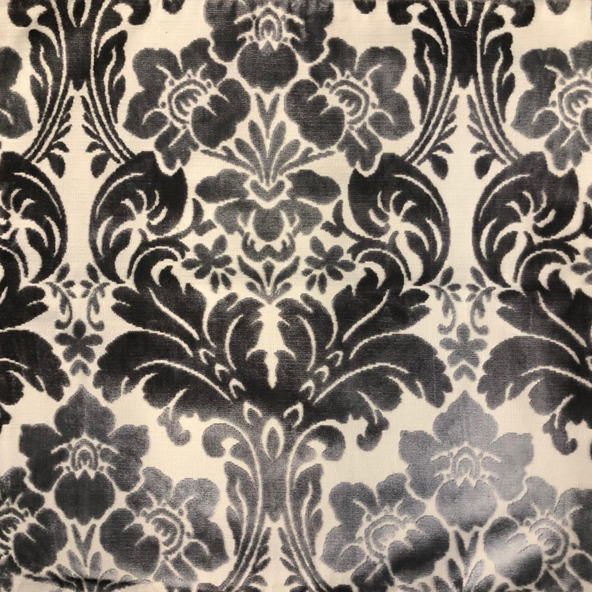 Marsel fabric in color Gray showcasing fabric damask floral cut velvet upholstery fabric.