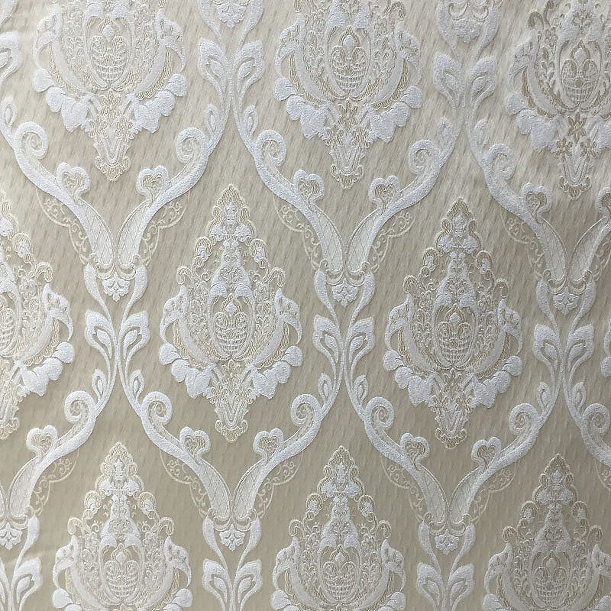 Queen Fabric in color Biscuit is a Traditional Metallic Damask Fabric pattern good for Drapery & Curtain Fabric and Upholstery Fabric