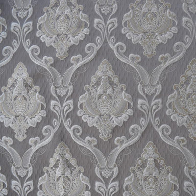 Queen Fabric in color Silver is a Traditional Metallic Damask Fabric pattern good for Drapery & Curtain Fabric and Upholstery Fabric