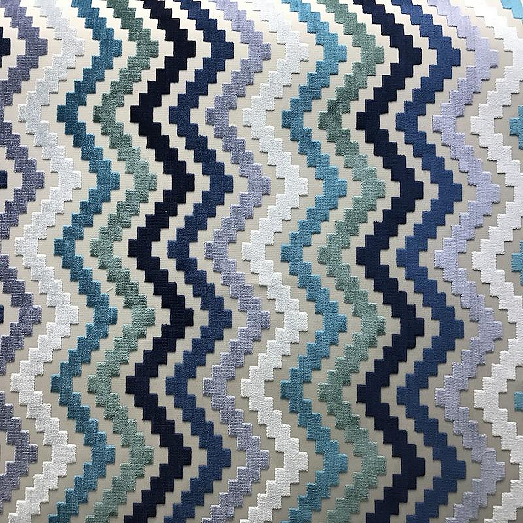 Shaw Fabric in color Turquoise is a Multicolored Zigzag Chenille Fabric pattern good for Drapery & Curtain Fabric and Upholstery Fabric