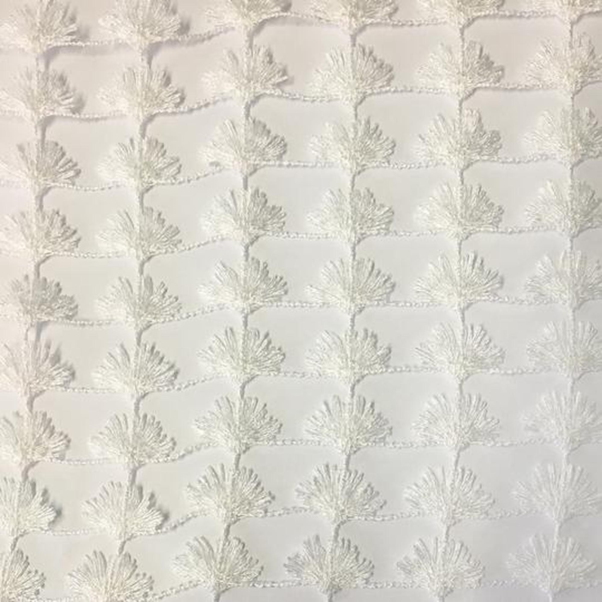 Shea fabric in color White showcasing fabric floral metallic sheer drapery & curtain fabric.