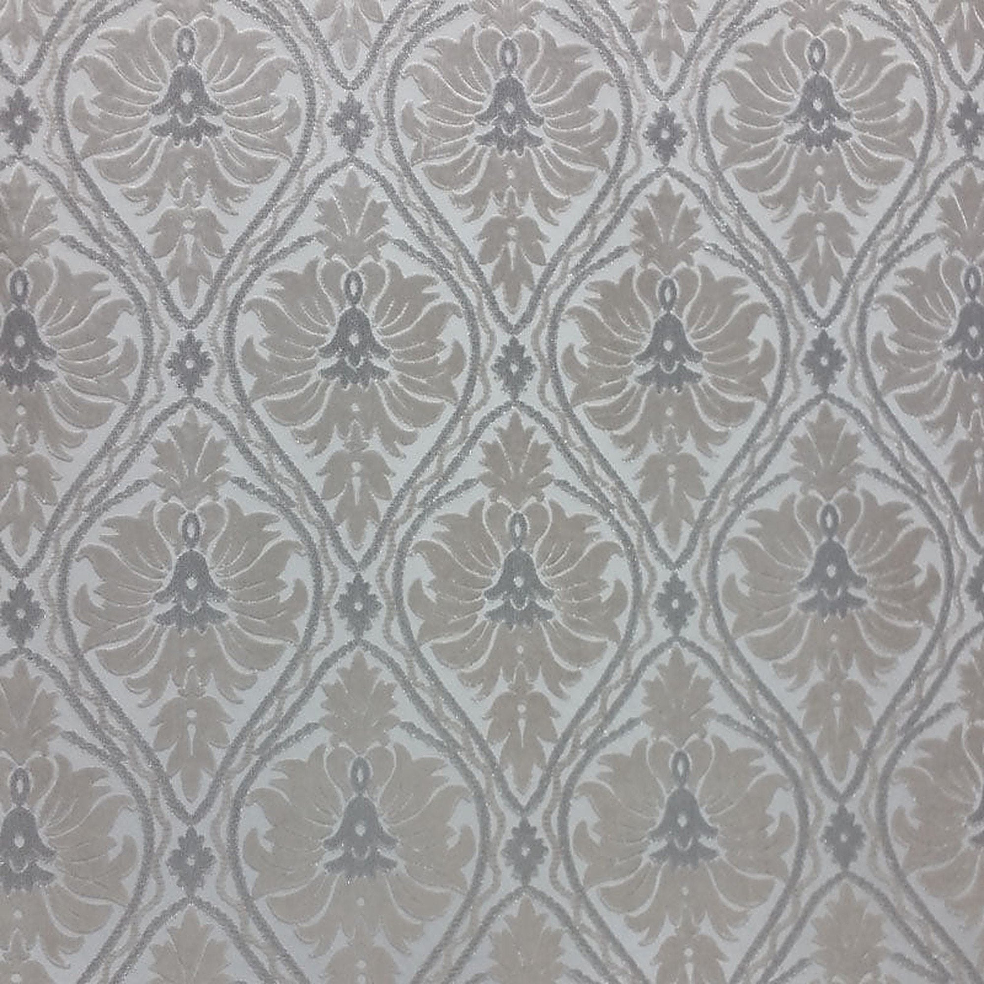Shine Fabric in color White is a Metallic Floral Damask Fabric pattern good for Drapery & Curtain Fabric and Upholstery Fabric