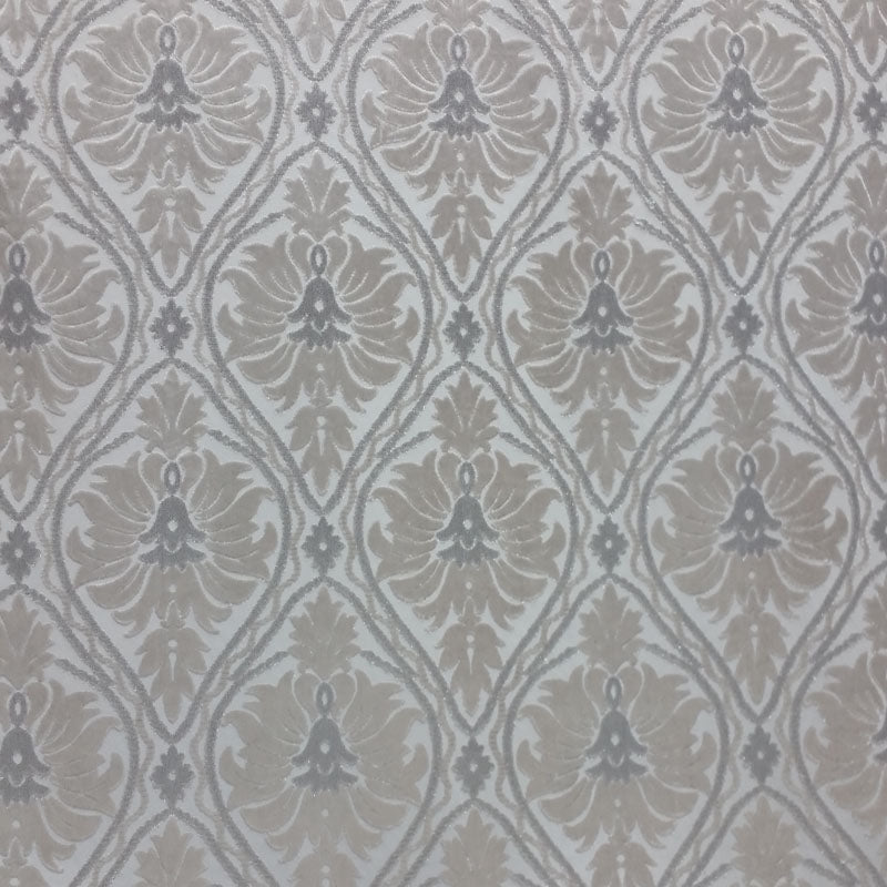 Shine Fabric in color White is a Metallic Floral Damask Fabric pattern good for Drapery & Curtain Fabric and Upholstery Fabric