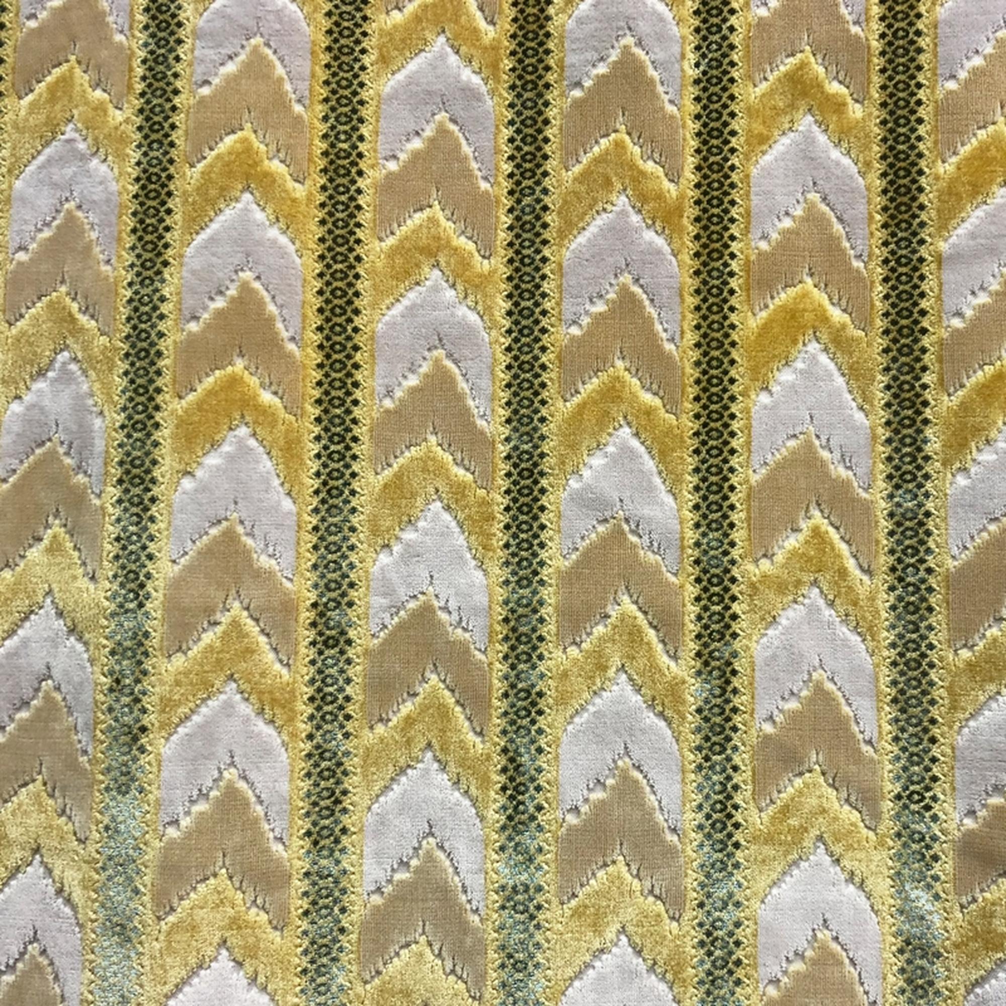Sienna fabric in color Canary showcasing fabric chevron striped cut velvet upholstery fabric.