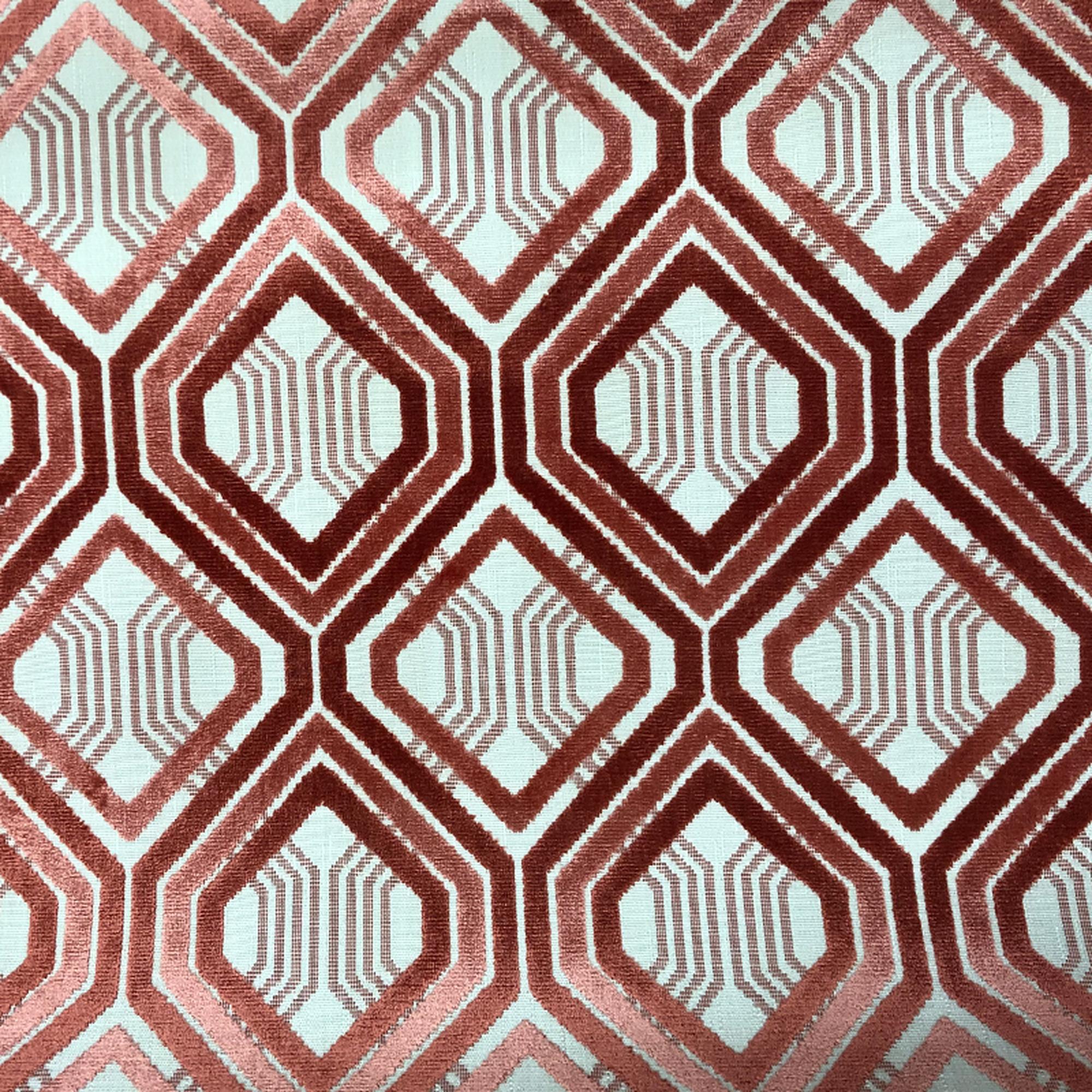 Stefano fabric in color Coral showcasing fabric geometric diamond shaped cut velvet upholstery fabric.