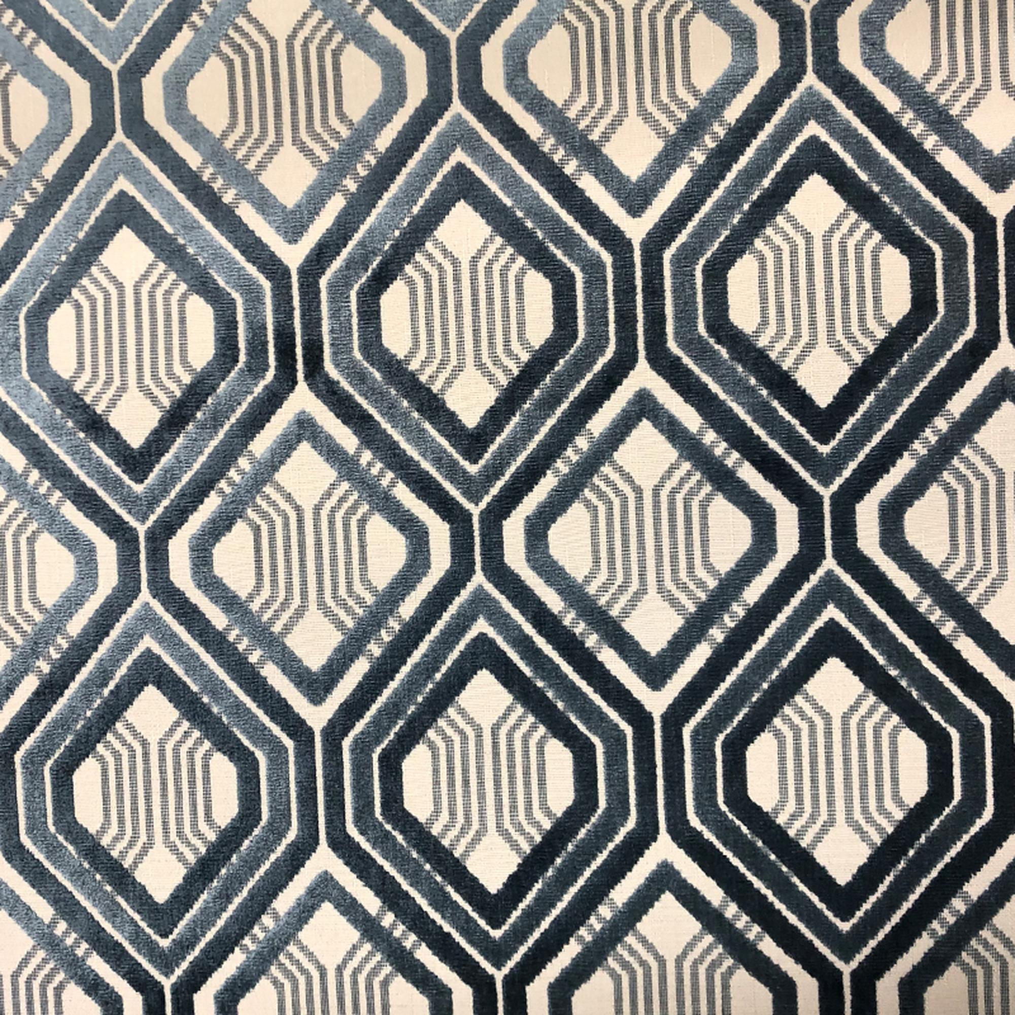 Stefano fabric in color Ocean showcasing fabric geometric diamond shaped cut velvet upholstery fabric.