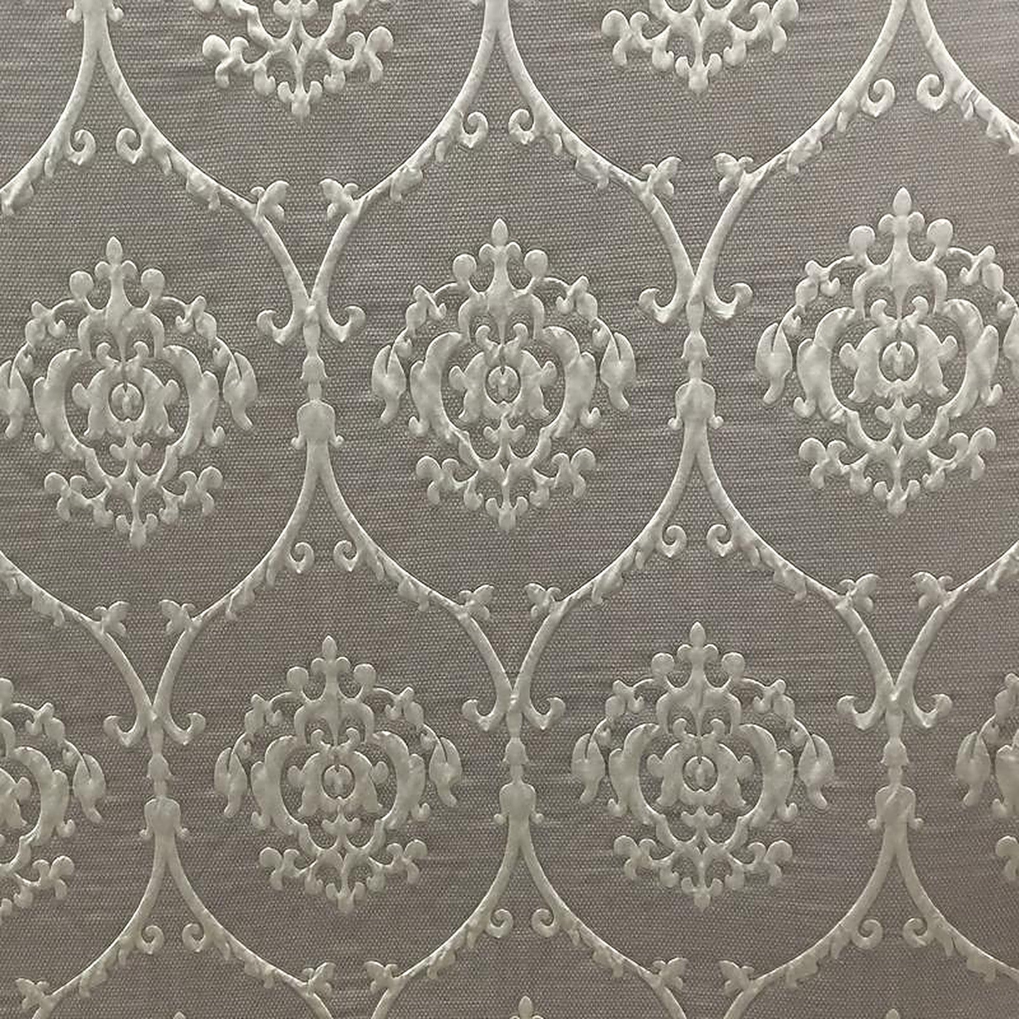 Troy Fabric in color Stone is a Embossed Matelasse Damask Fabric pattern good for Drapery & Curtain Fabric and Upholstery Fabric